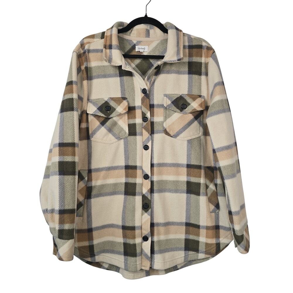 Weekends Everyday Jacket Womens XL Beige Plaid Fleece Button Front Pockets
